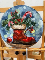 Мастер-класс по маслу на круглом холсте "Новогодний сапожок"