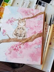 Мастер-класс по акварели "Сакура и кот"